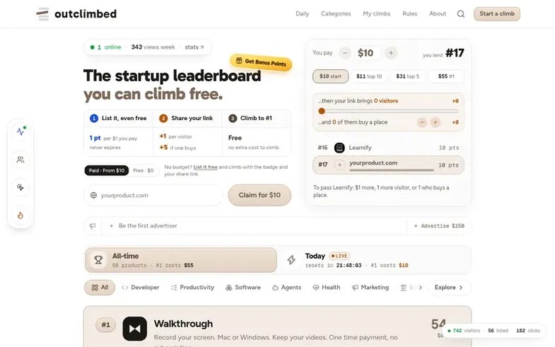 Screenshot of the Outclimbed homepage