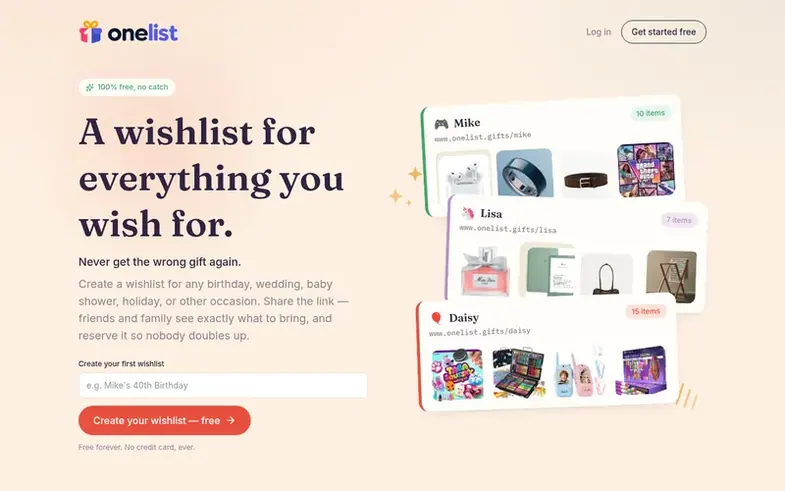 Screenshot of the Onelist homepage