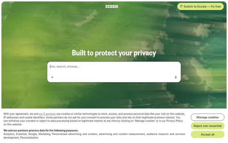 Screenshot of the Ecosia homepage