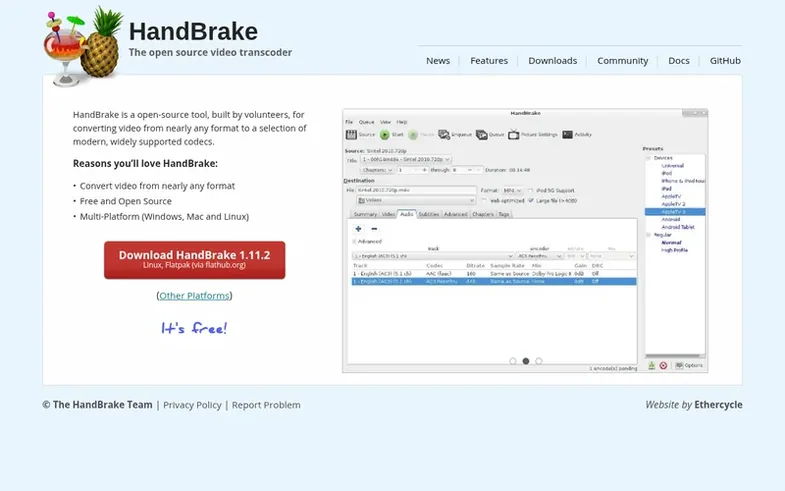 Screenshot of the HandBrake homepage