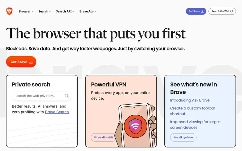 Screenshot of the Brave homepage