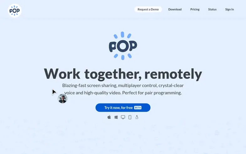 Screenshot of the Pop homepage