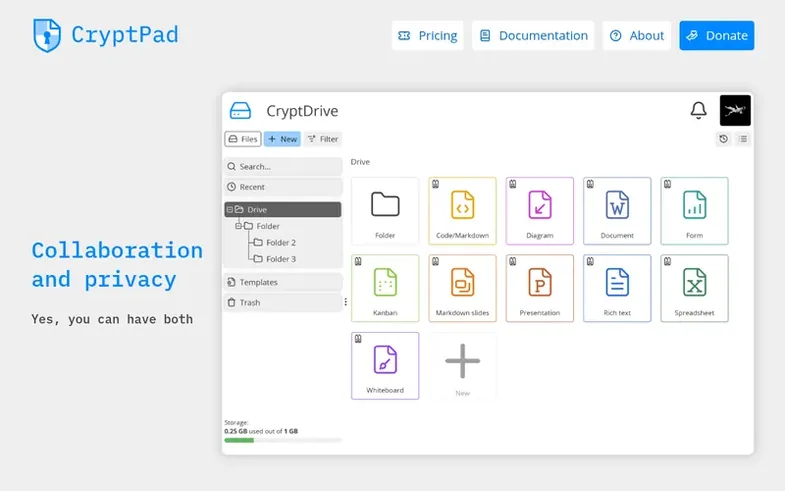 Screenshot of the CryptPad homepage
