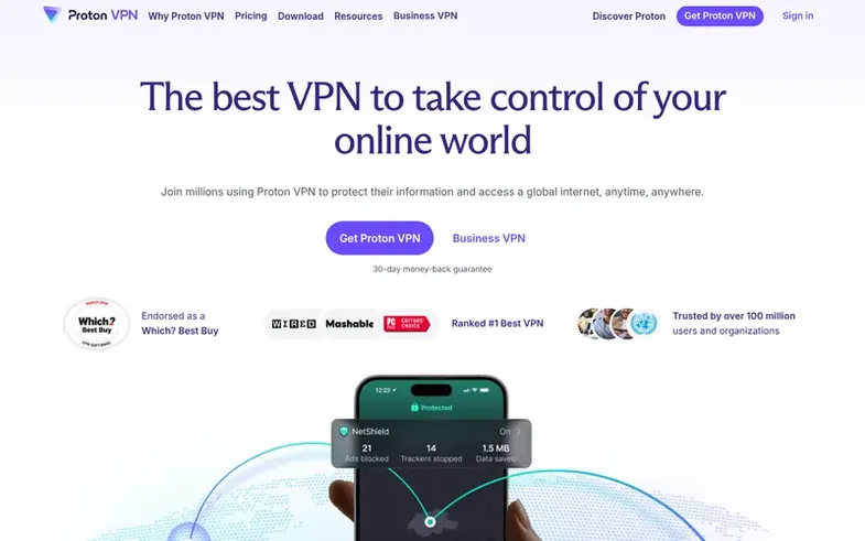 Screenshot of the Proton VPN homepage