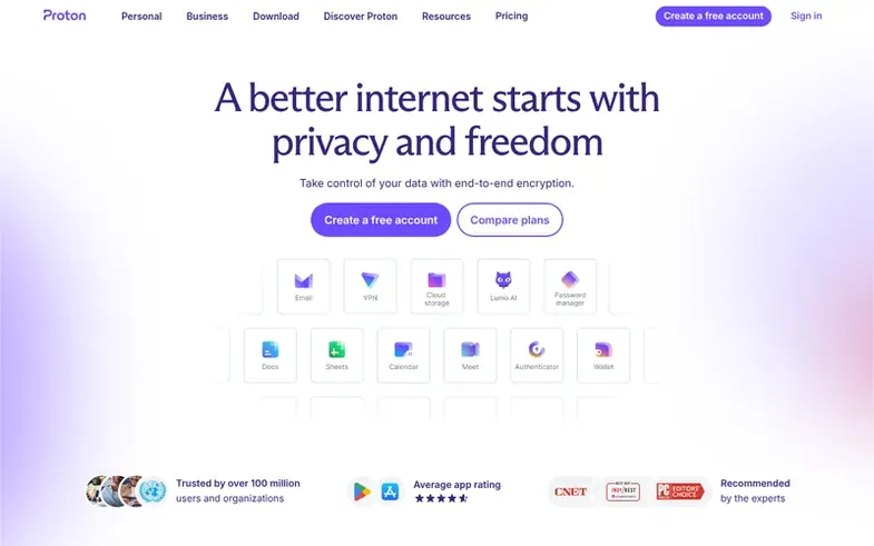 Screenshot of the Proton homepage