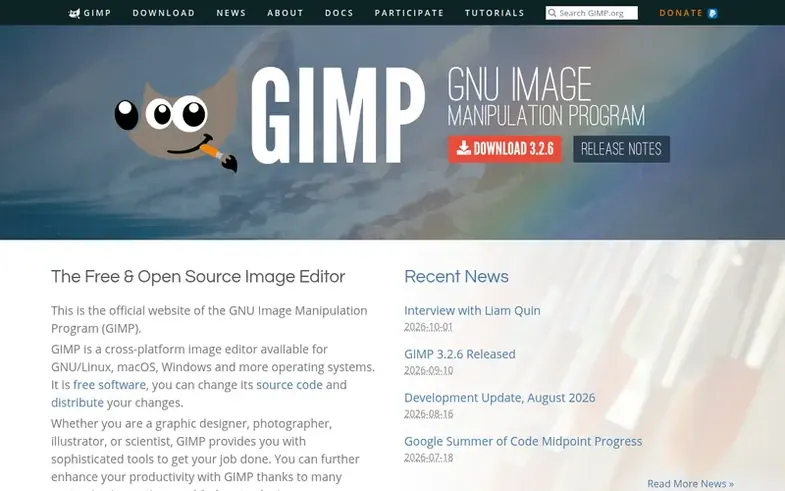 Screenshot of the GIMP homepage