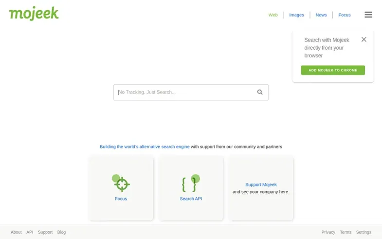 Screenshot of the Mojeek homepage