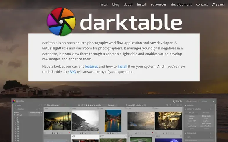 Screenshot of the darktable homepage