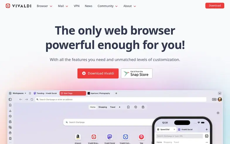 Screenshot of the Vivaldi Browser homepage